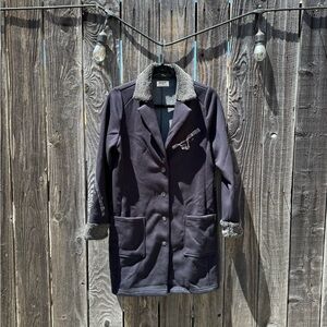 Black and Grey Vintage Peanuts Snoopy Voyages Embroidered Button-Up Fleece Coat